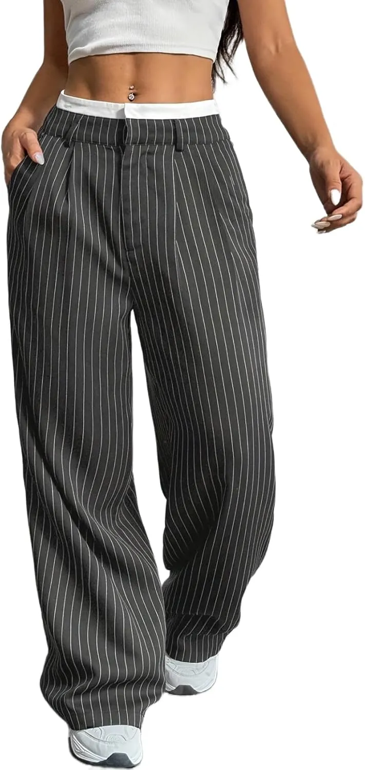 Perbai Women's High Waisted Straight Wide Leg Pants Loose Long Straight Dressy Trousers with Pockets