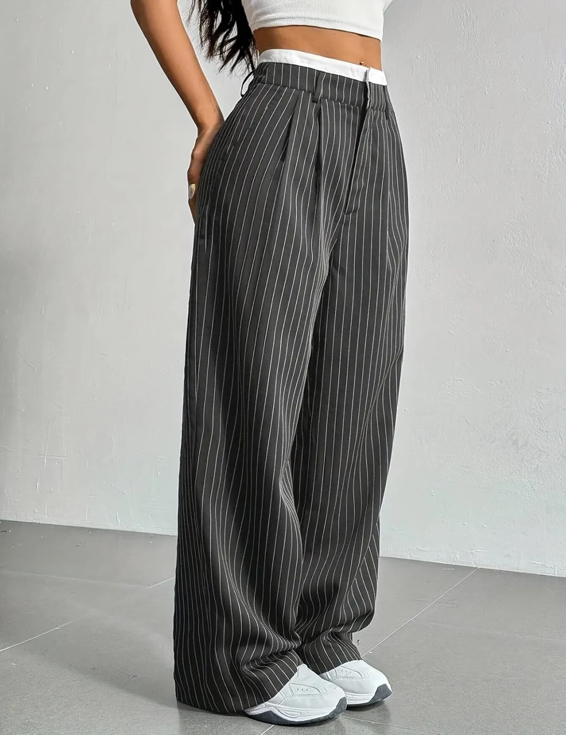 Perbai Women's High Waisted Straight Wide Leg Pants Loose Long Straight Dressy Trousers with Pockets
