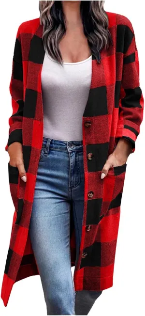Plaid Jackets for Women Lapel Button Down Shacket Wool Blend Coat with Pockets Long Sleeve Vintage Outerwear