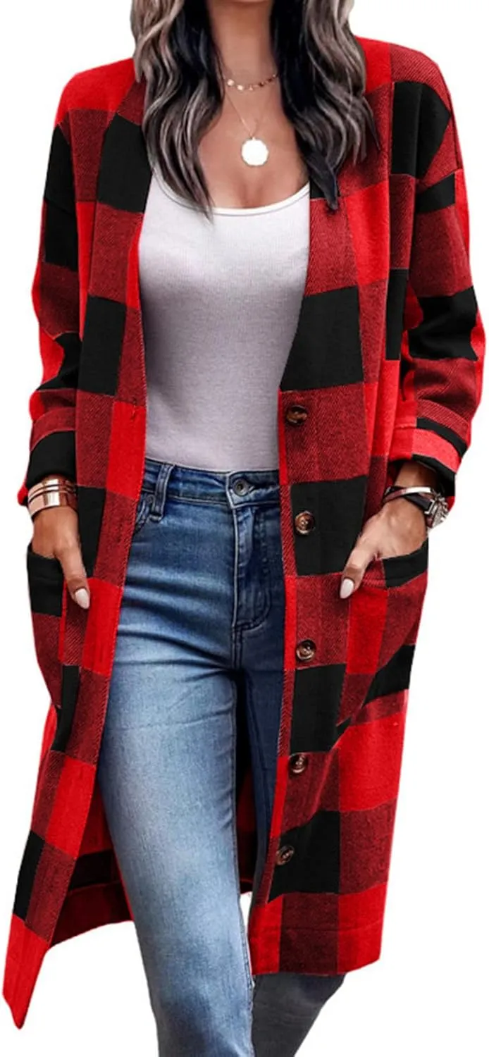 Plaid Jackets for Women Lapel Button Down Shacket Wool Blend Coat with Pockets Long Sleeve Vintage Outerwear