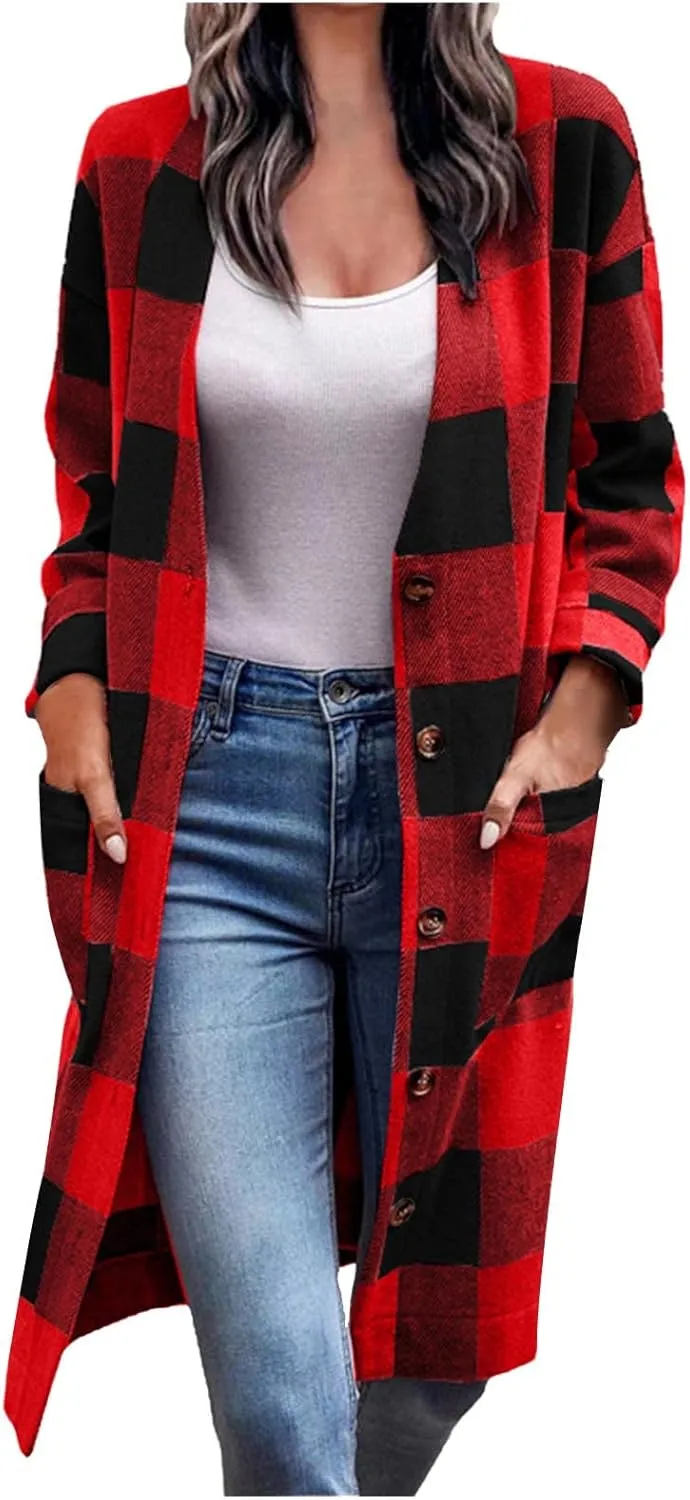 Plaid Jackets for Women Lapel Button Down Shacket Wool Blend Coat with Pockets Long Sleeve Vintage Outerwear
