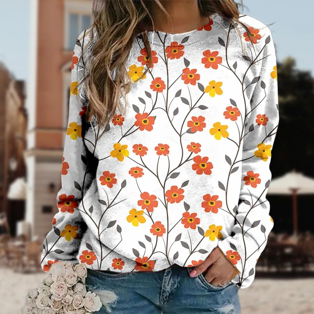 Plus Size Flower Tops for Women Oversized Long Sleeve Crewneck Graphic Sweatshirts Casual Floral Pullover Shirts