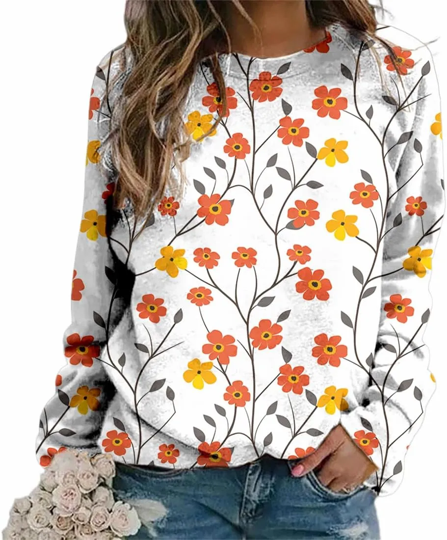 Plus Size Flower Tops for Women Oversized Long Sleeve Crewneck Graphic Sweatshirts Casual Floral Pullover Shirts