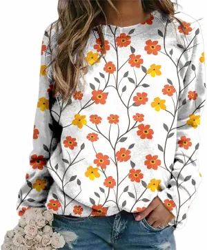 Plus Size Flower Tops for Women Oversized Long Sleeve Crewneck Graphic Sweatshirts Casual Floral Pullover Shirts