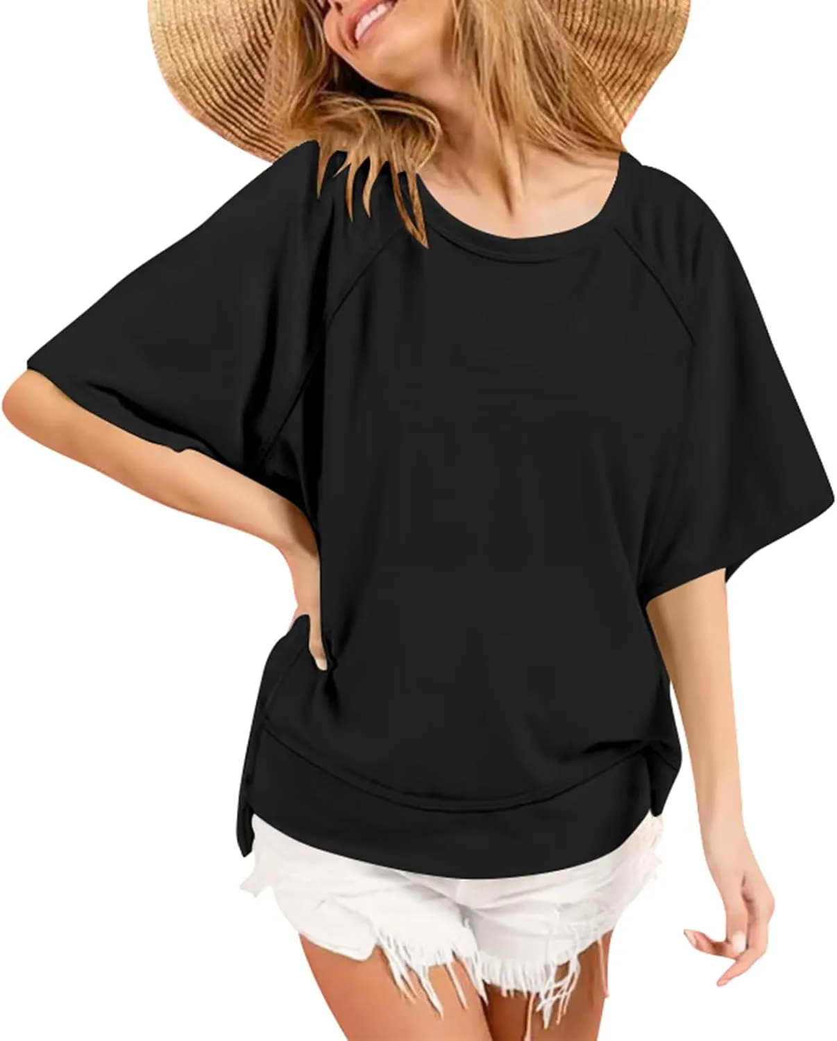 Poetsky Oversized T Shirts for Women Crew Neck Short Sleeve Summer Tops Loose Casual High Low Blouses