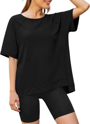 Poetsky Oversized T Shirts for Women Crew Neck Short Sleeve Summer Tops Loose Casual High Low Blouses