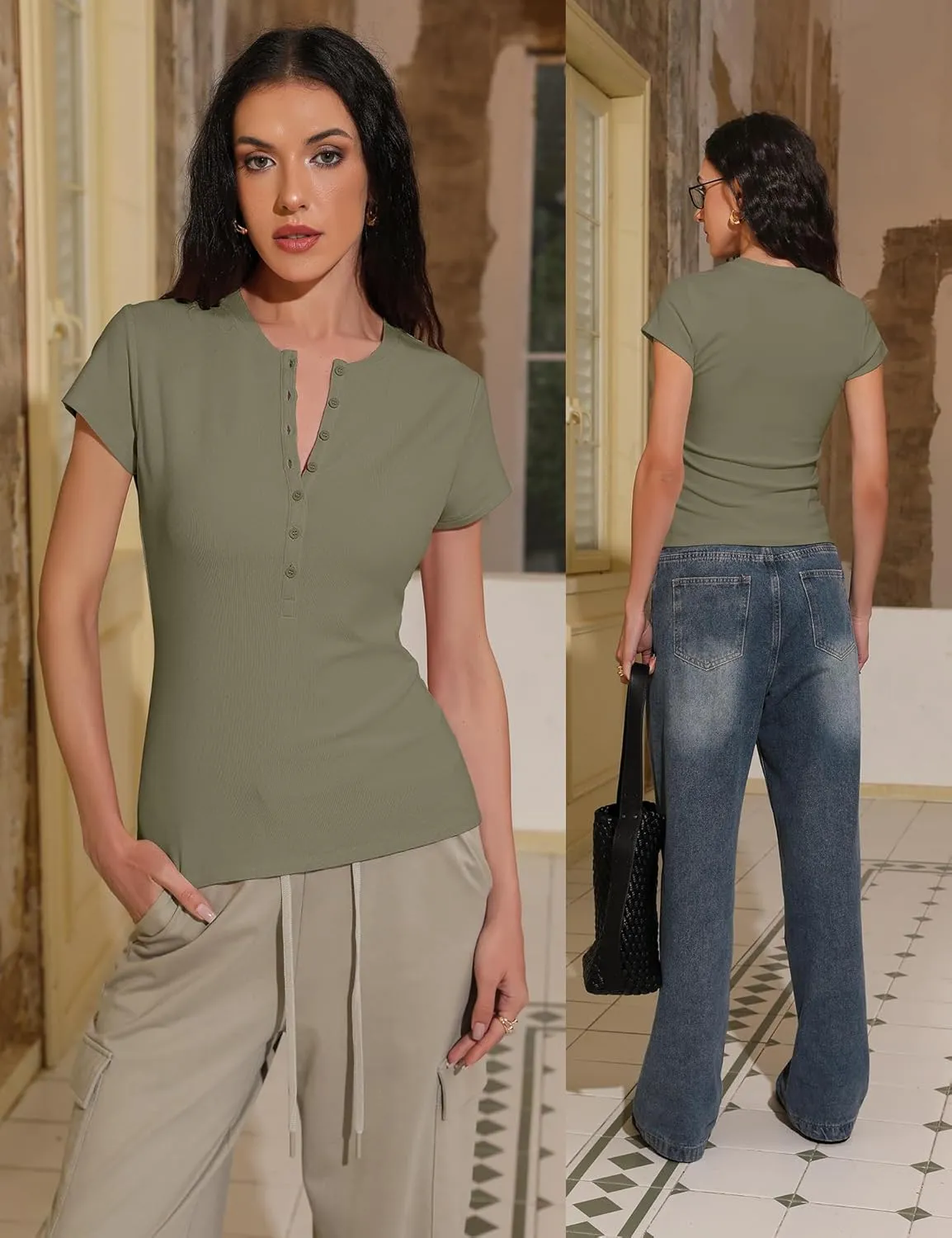 Prettywear Womens 2025 Summer Casual Basic Tops Short Sleeve V Neck Fitted Button Up Henley Shirts