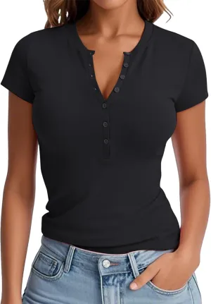 Prettywear Womens 2025 Summer Casual Basic Tops Short Sleeve V Neck Fitted Button Up Henley Shirts