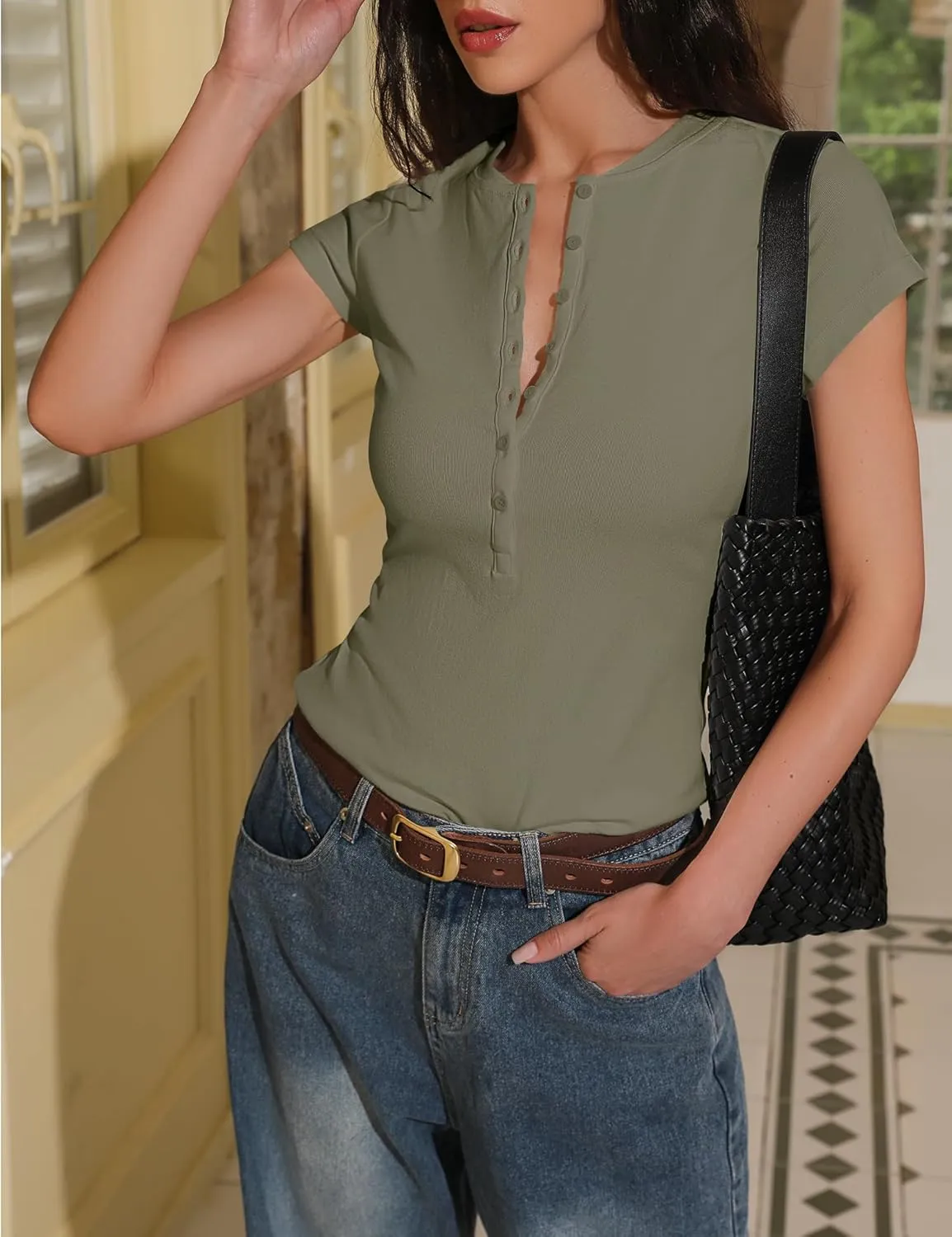 Prettywear Womens 2025 Summer Casual Basic Tops Short Sleeve V Neck Fitted Button Up Henley Shirts