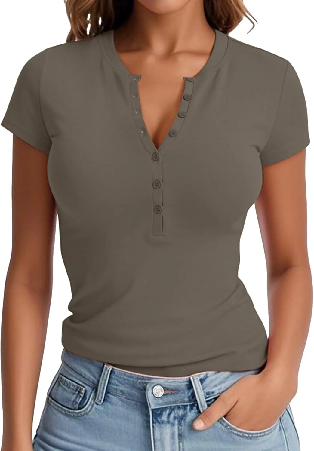 Prettywear Womens 2025 Summer Casual Basic Tops Short Sleeve V Neck Fitted Button Up Henley Shirts