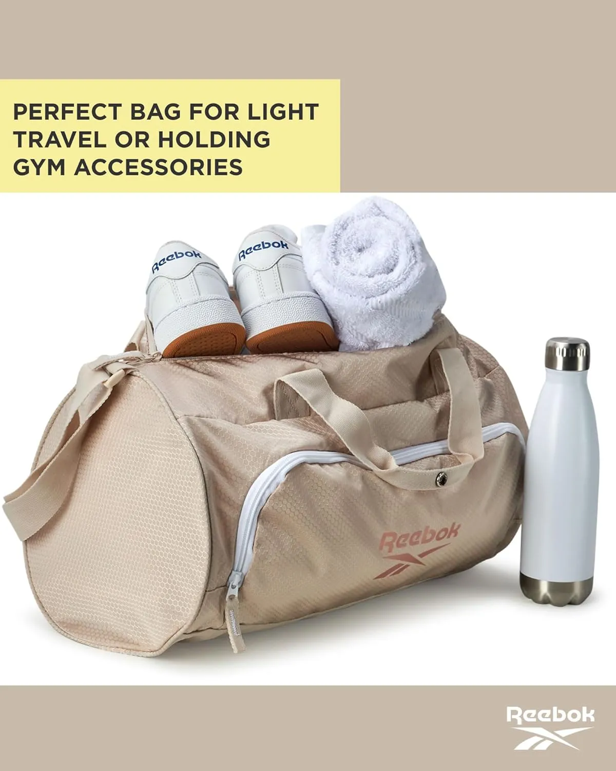 Reebok Duffle Bag - Unisex Lightweight Gym, Sports and Travel Mini Carry On Weekender Bags for Women and Men, Perth II Light Brown, One Size