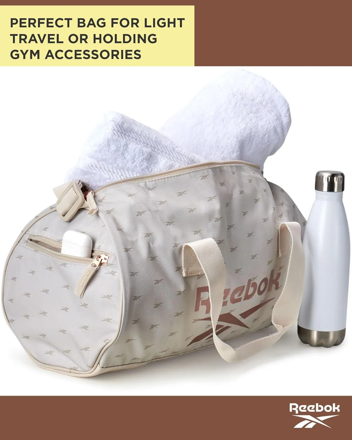Reebok Duffle Bag - Unisex Lightweight Gym, Sports and Travel Mini Carry On Weekender Bags for Women and Men, Plyo Cream, One Size