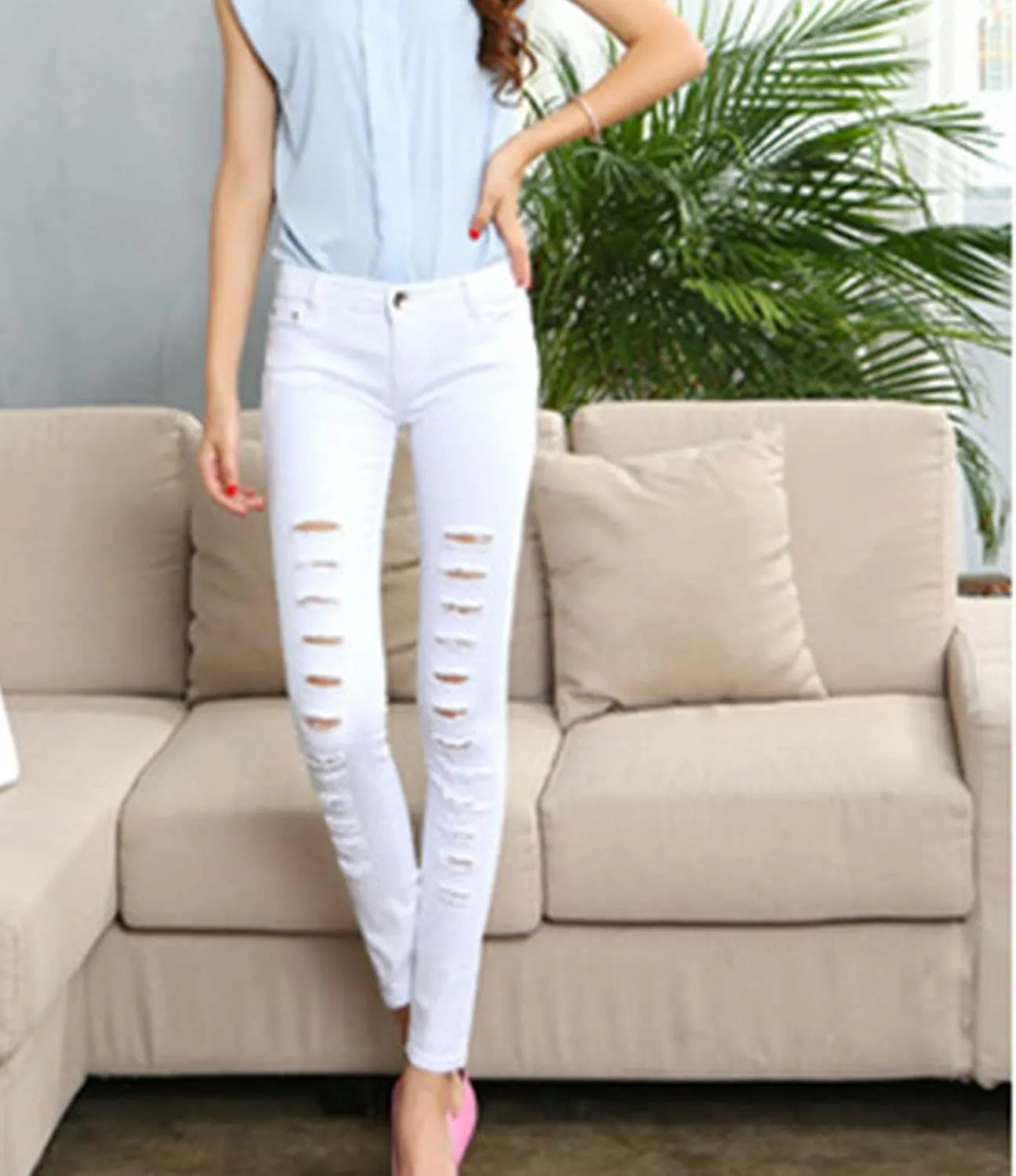 Ripped Jeans for Women Mid Waisted Skinny Destroyed Denim Pants Slim Fit Distressed Stretch Butt Lift Jean Trouser