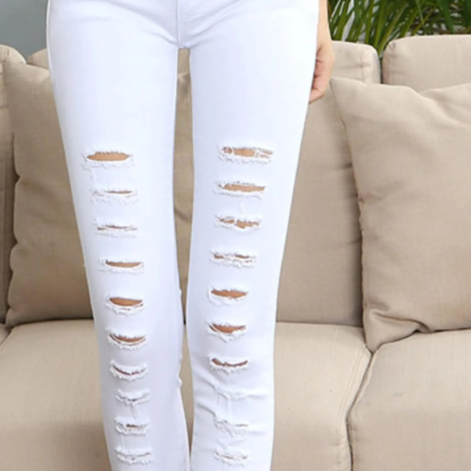 Ripped Jeans for Women Mid Waisted Skinny Destroyed Denim Pants Slim Fit Distressed Stretch Butt Lift Jean Trouser