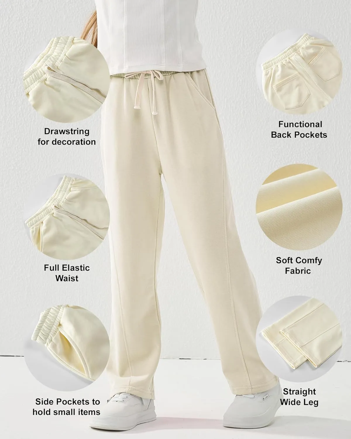 Rolanko Girls Wide Leg Sweatpants Straight Pants for Kids Girls Trousers with Pockets Sweats