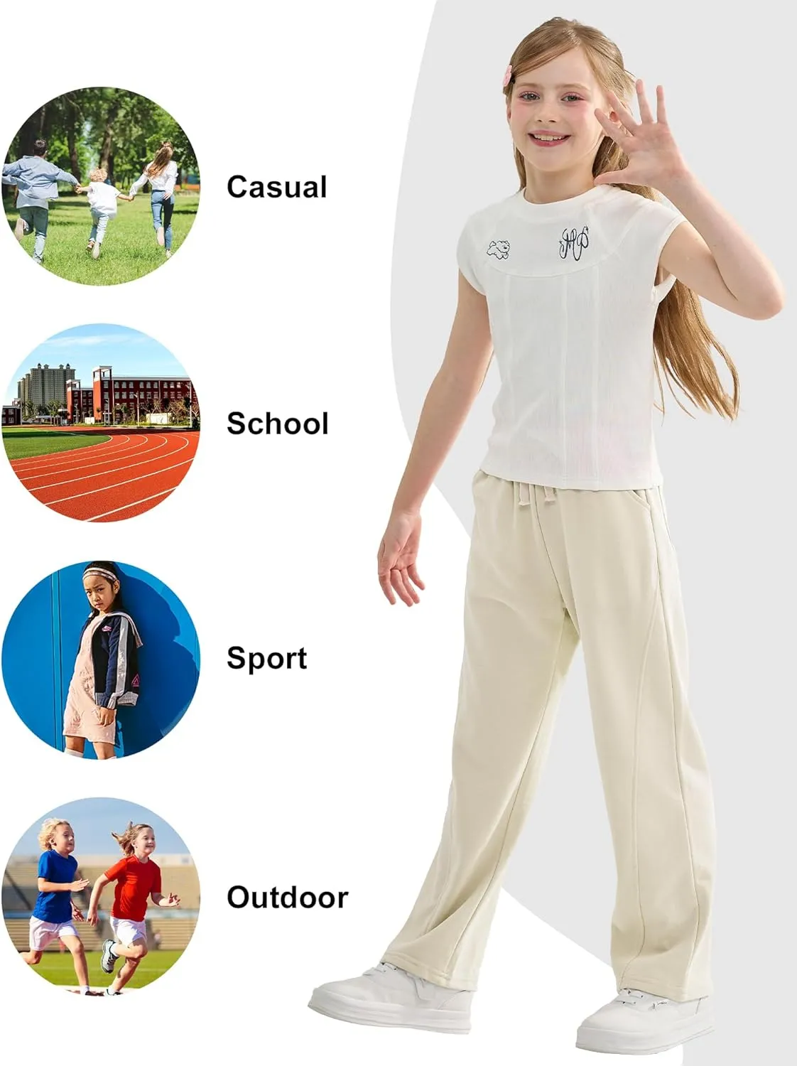 Rolanko Girls Wide Leg Sweatpants Straight Pants for Kids Girls Trousers with Pockets Sweats