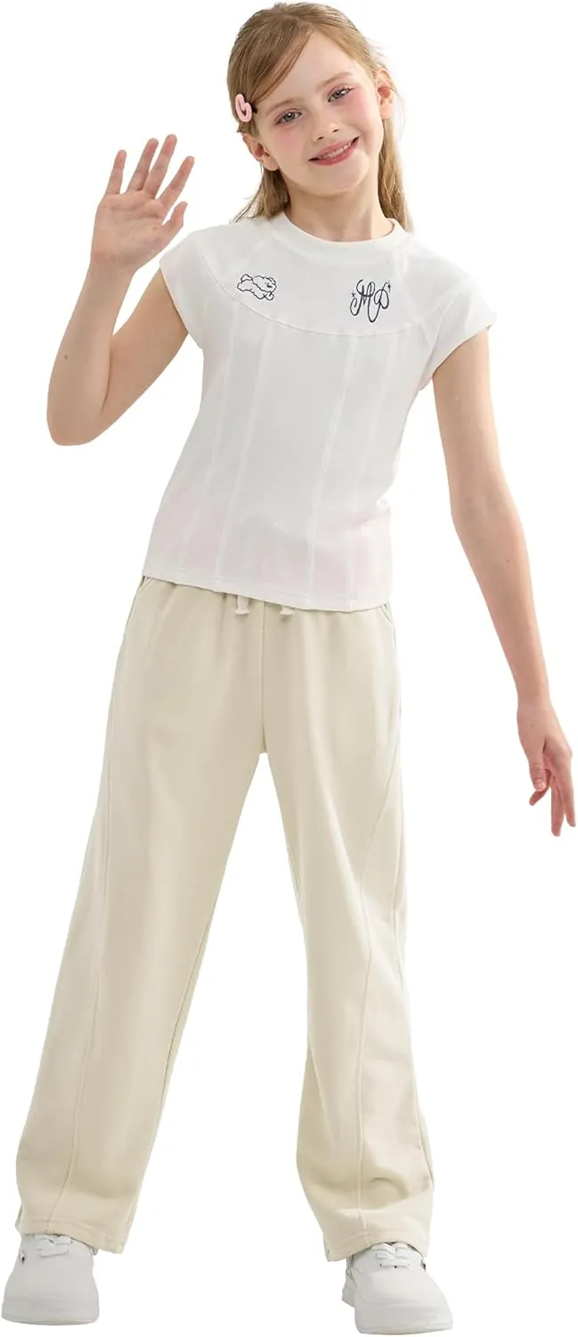 Rolanko Girls Wide Leg Sweatpants Straight Pants for Kids Girls Trousers with Pockets Sweats