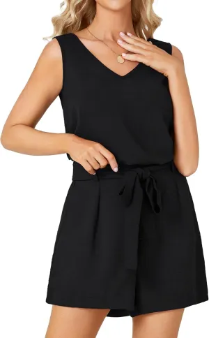 Rooscier Women's 2 Piece Outfits V Neck Sleeveless Tank Top and High Waisted Belted Wide Leg Shorts Set