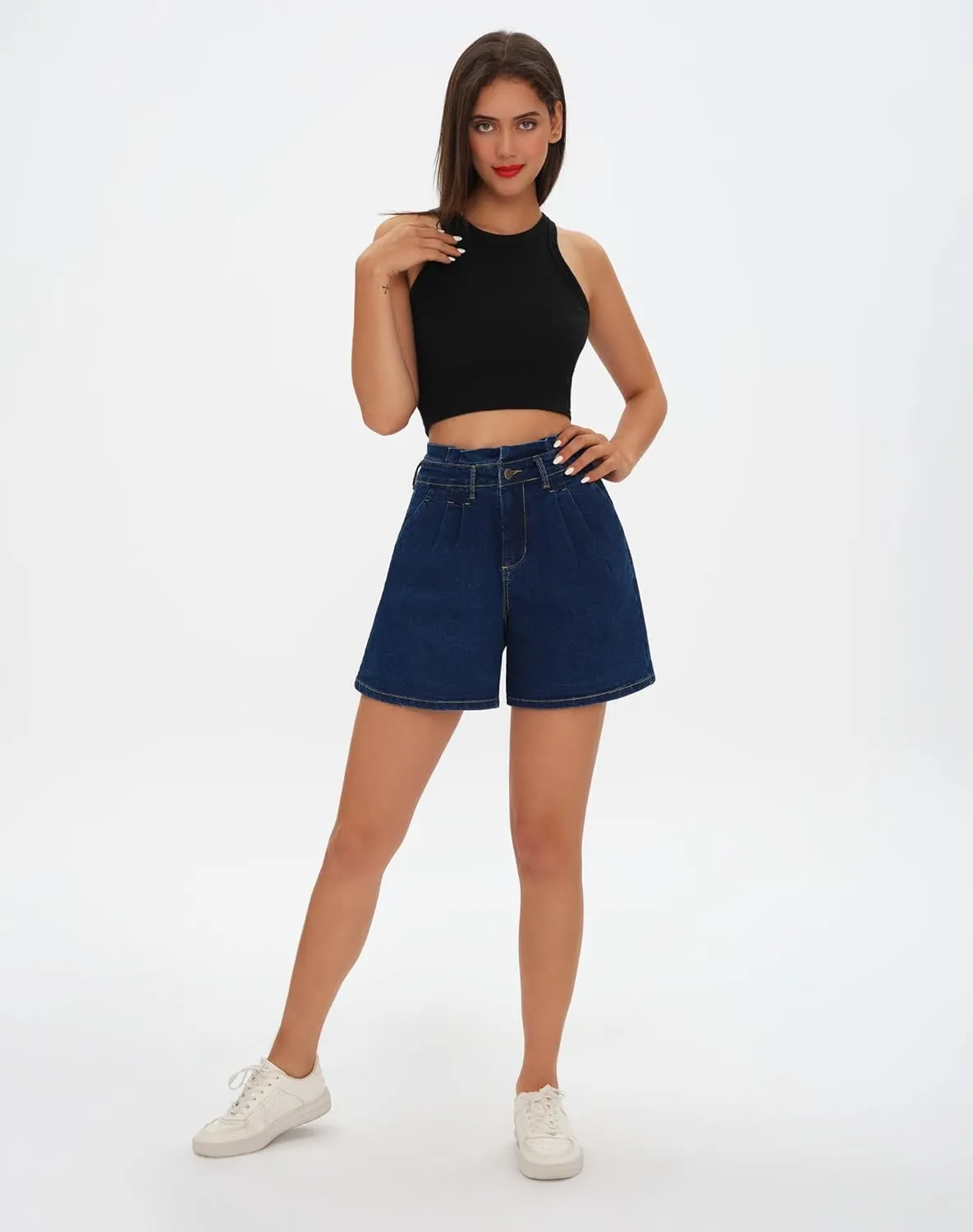 roswear Womens High Waisted Stretchy Wide Leg Denim Baggy Jean Shorts
