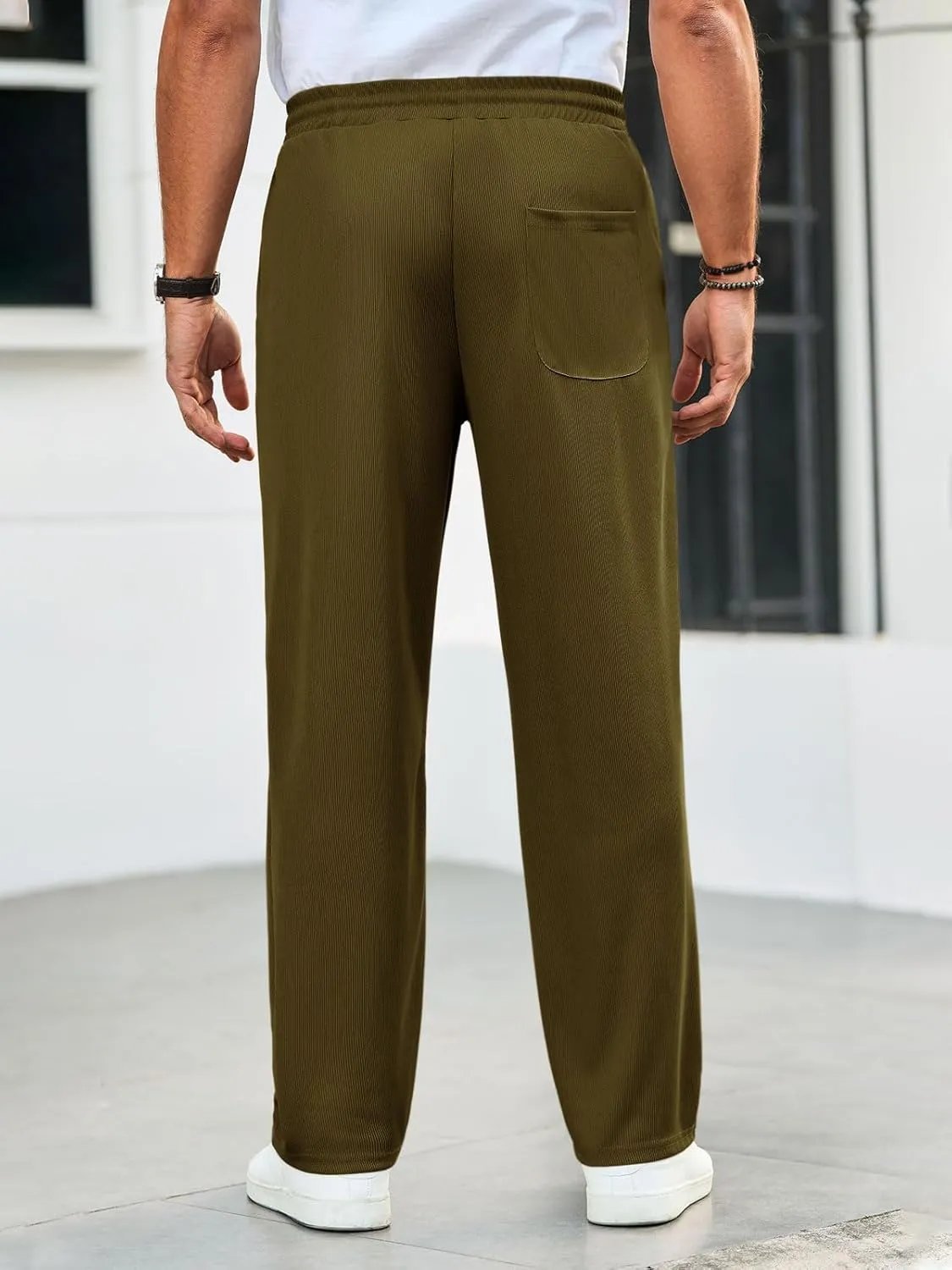 Runcati Mens Casual Pants Drawstring Elastic Waist Ribbed Sweatpants Straight Leg Loose Fit Trousers
