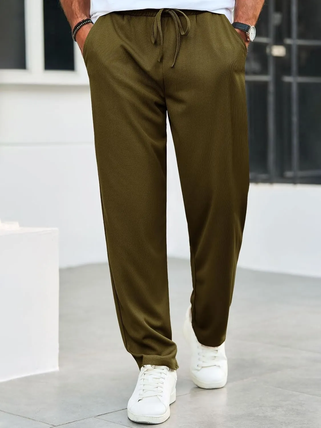 Runcati Mens Casual Pants Drawstring Elastic Waist Ribbed Sweatpants Straight Leg Loose Fit Trousers