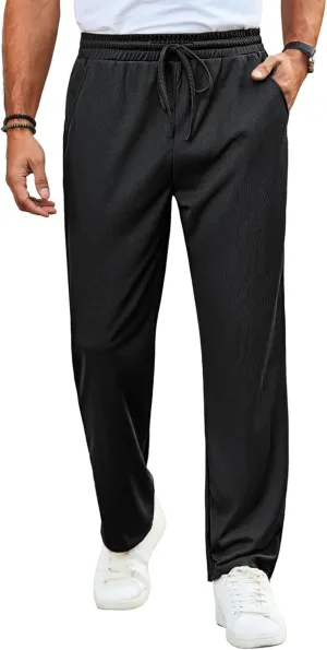 Runcati Mens Casual Pants Drawstring Elastic Waist Ribbed Sweatpants Straight Leg Loose Fit Trousers