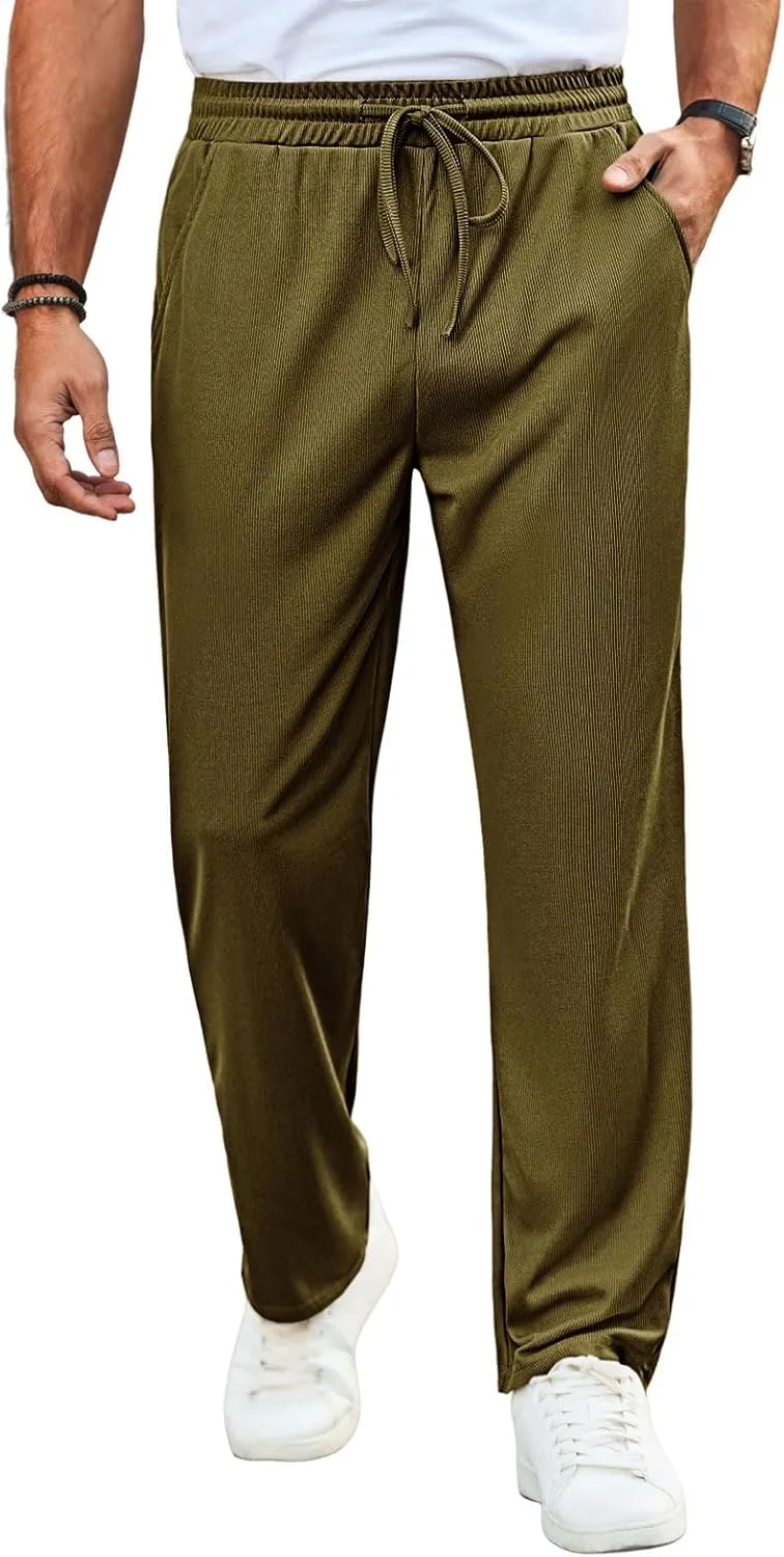 Runcati Mens Casual Pants Drawstring Elastic Waist Ribbed Sweatpants Straight Leg Loose Fit Trousers