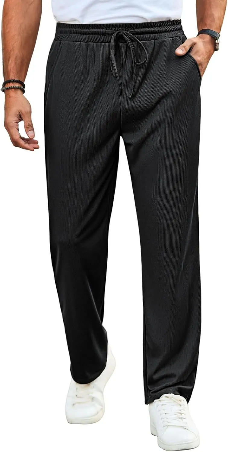 Runcati Mens Casual Pants Drawstring Elastic Waist Ribbed Sweatpants Straight Leg Loose Fit Trousers