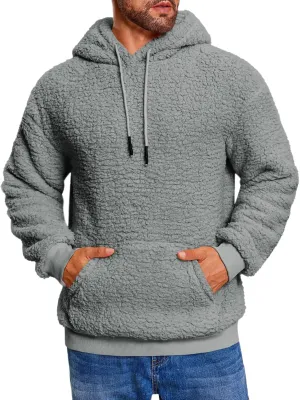 Runcati Mens Fuzzy Sherpa Hoodies Fleece Casual Pullover Long Sleeve Winter Fluffy Sweatshirts