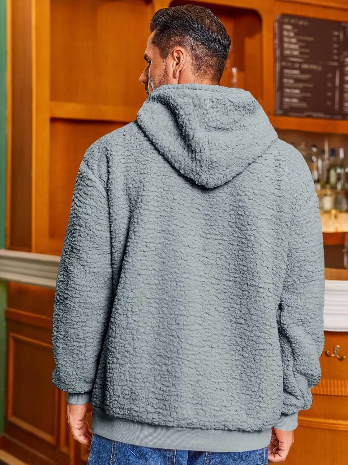 Runcati Mens Fuzzy Sherpa Hoodies Fleece Casual Pullover Long Sleeve Winter Fluffy Sweatshirts