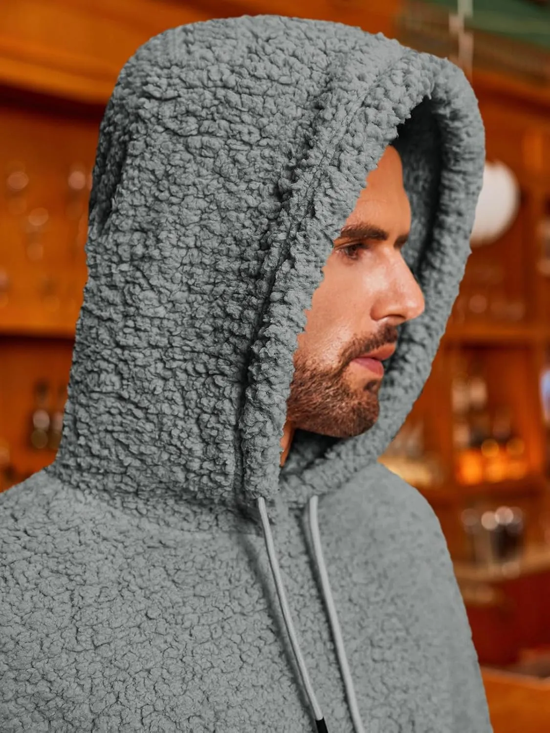 Runcati Mens Fuzzy Sherpa Hoodies Fleece Casual Pullover Long Sleeve Winter Fluffy Sweatshirts