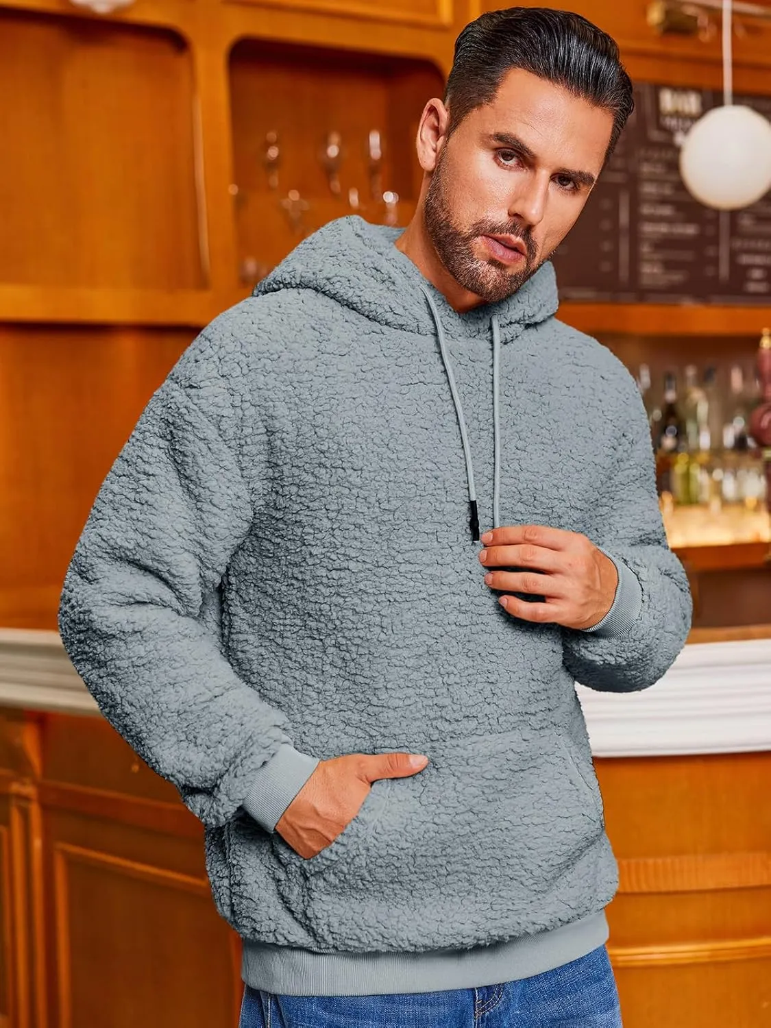 Runcati Mens Fuzzy Sherpa Hoodies Fleece Casual Pullover Long Sleeve Winter Fluffy Sweatshirts