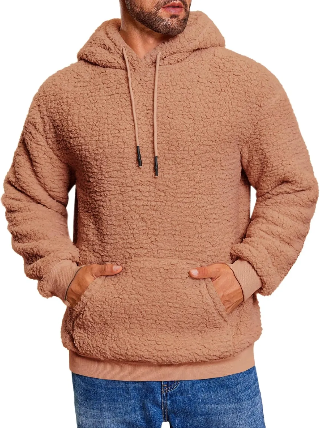 Runcati Mens Fuzzy Sherpa Hoodies Fleece Casual Pullover Long Sleeve Winter Fluffy Sweatshirts