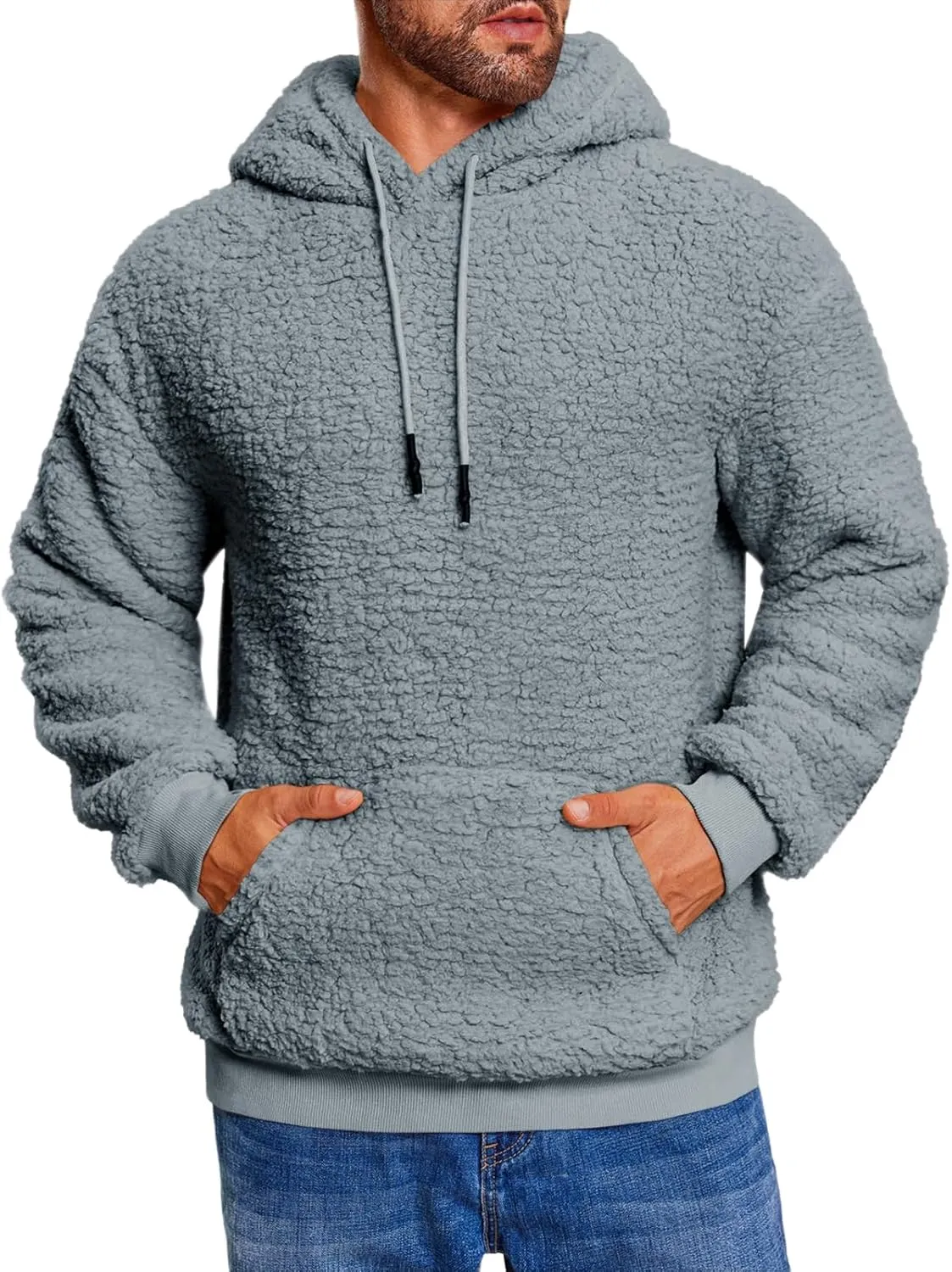 Runcati Mens Fuzzy Sherpa Hoodies Fleece Casual Pullover Long Sleeve Winter Fluffy Sweatshirts