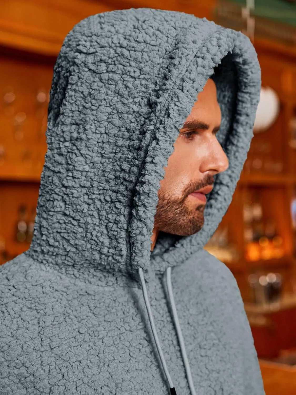 Runcati Mens Fuzzy Sherpa Hoodies Fleece Casual Pullover Long Sleeve Winter Fluffy Sweatshirts