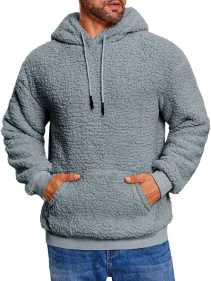 Runcati Mens Fuzzy Sherpa Hoodies Fleece Casual Pullover Long Sleeve Winter Fluffy Sweatshirts