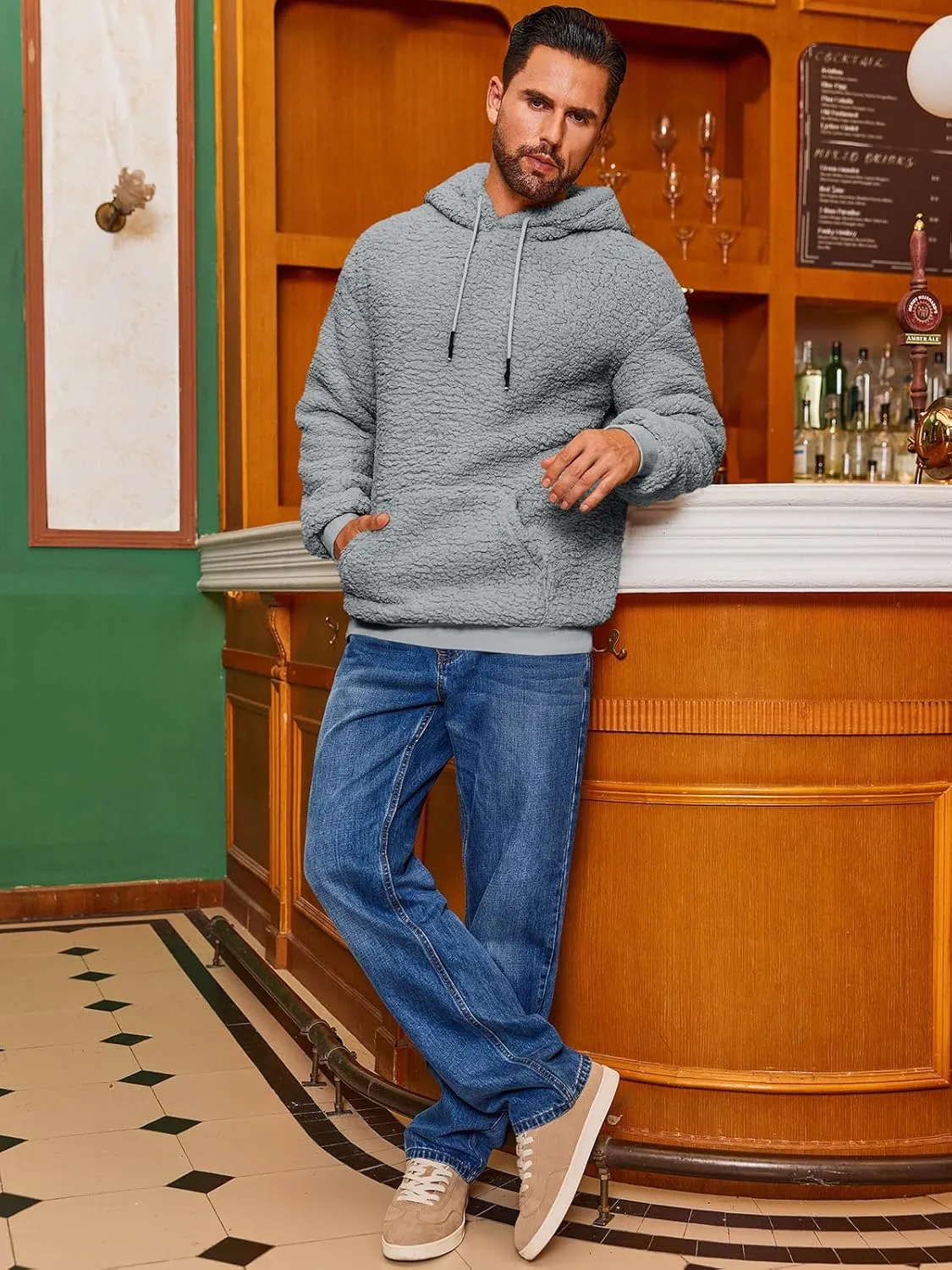 Runcati Mens Fuzzy Sherpa Hoodies Fleece Casual Pullover Long Sleeve Winter Fluffy Sweatshirts