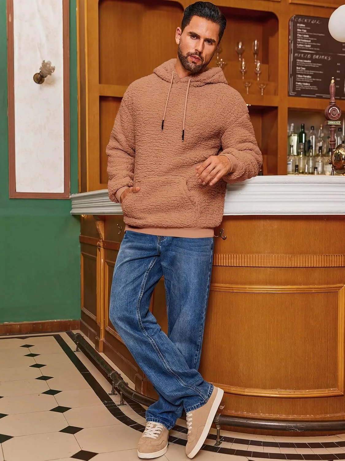 Runcati Mens Fuzzy Sherpa Hoodies Fleece Casual Pullover Long Sleeve Winter Fluffy Sweatshirts