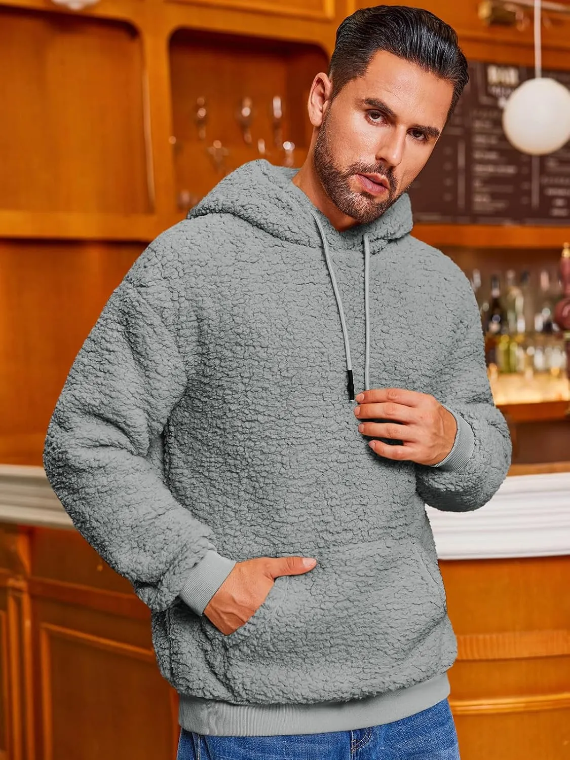 Runcati Mens Fuzzy Sherpa Hoodies Fleece Casual Pullover Long Sleeve Winter Fluffy Sweatshirts