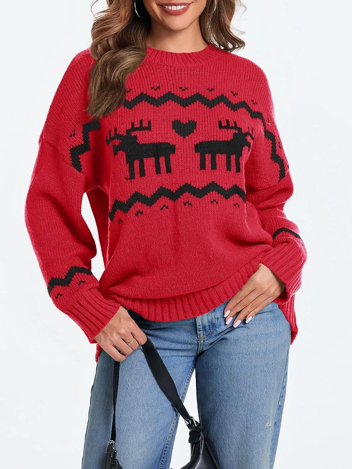 Saodimallsu Womens Oversized Christmas Sweaters Crewneck Chunky Reindeer Knit Long Sleeve Santa Xmas Pullover Sweater