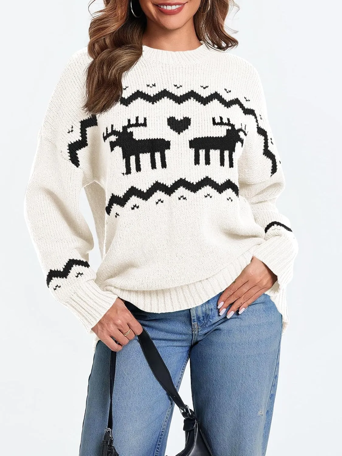 Saodimallsu Womens Oversized Christmas Sweaters Crewneck Chunky Reindeer Knit Long Sleeve Santa Xmas Pullover Sweater