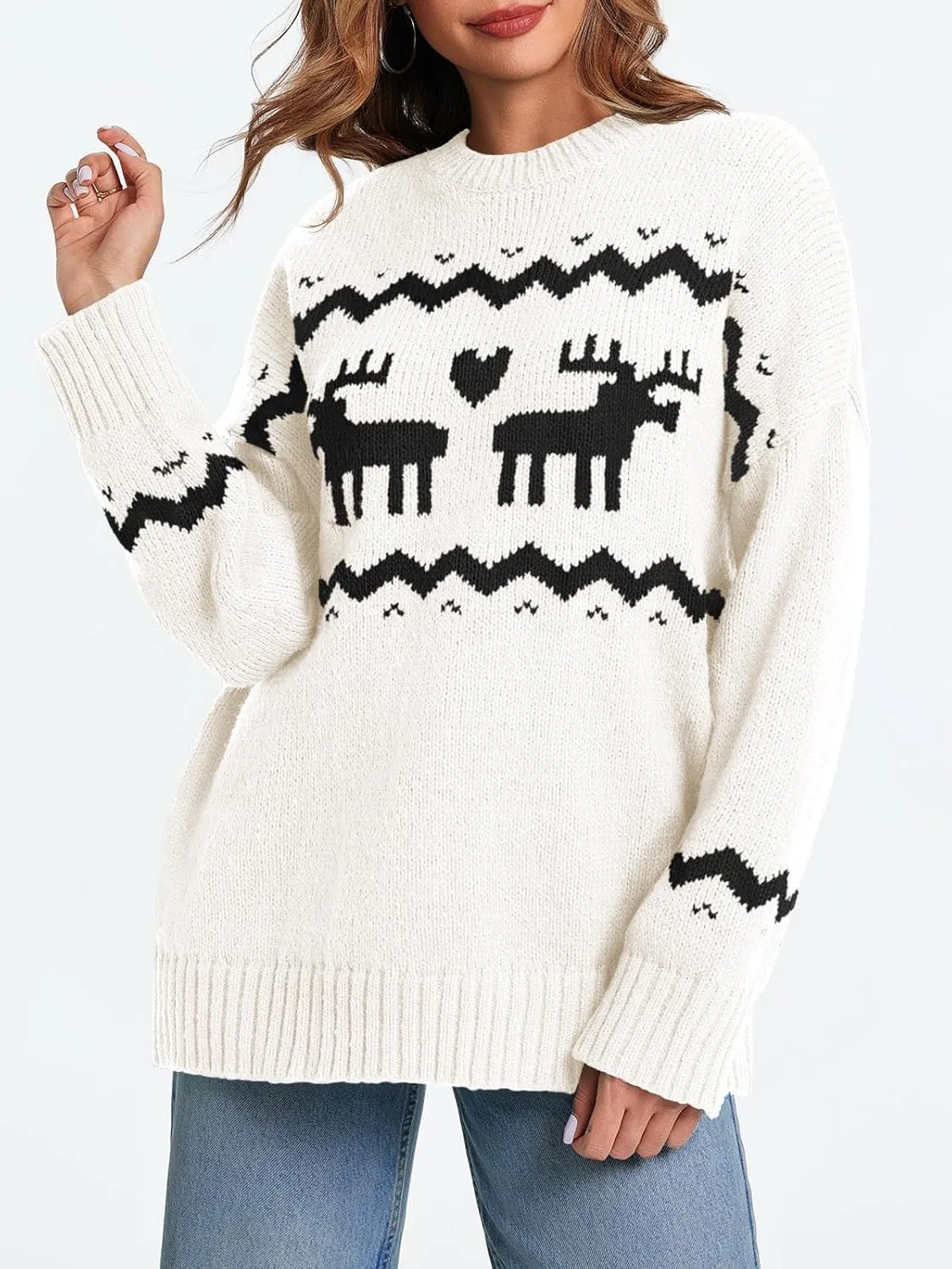 Saodimallsu Womens Oversized Christmas Sweaters Crewneck Chunky Reindeer Knit Long Sleeve Santa Xmas Pullover Sweater