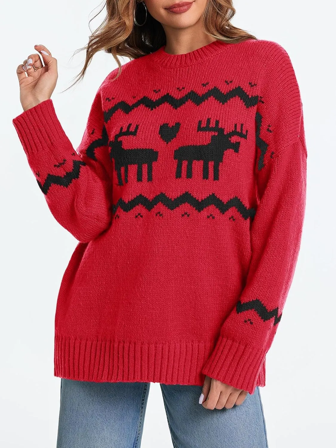 Saodimallsu Womens Oversized Christmas Sweaters Crewneck Chunky Reindeer Knit Long Sleeve Santa Xmas Pullover Sweater