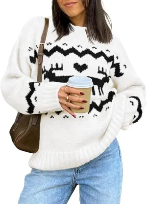 Saodimallsu Womens Oversized Christmas Sweaters Crewneck Chunky Reindeer Knit Long Sleeve Santa Xmas Pullover Sweater