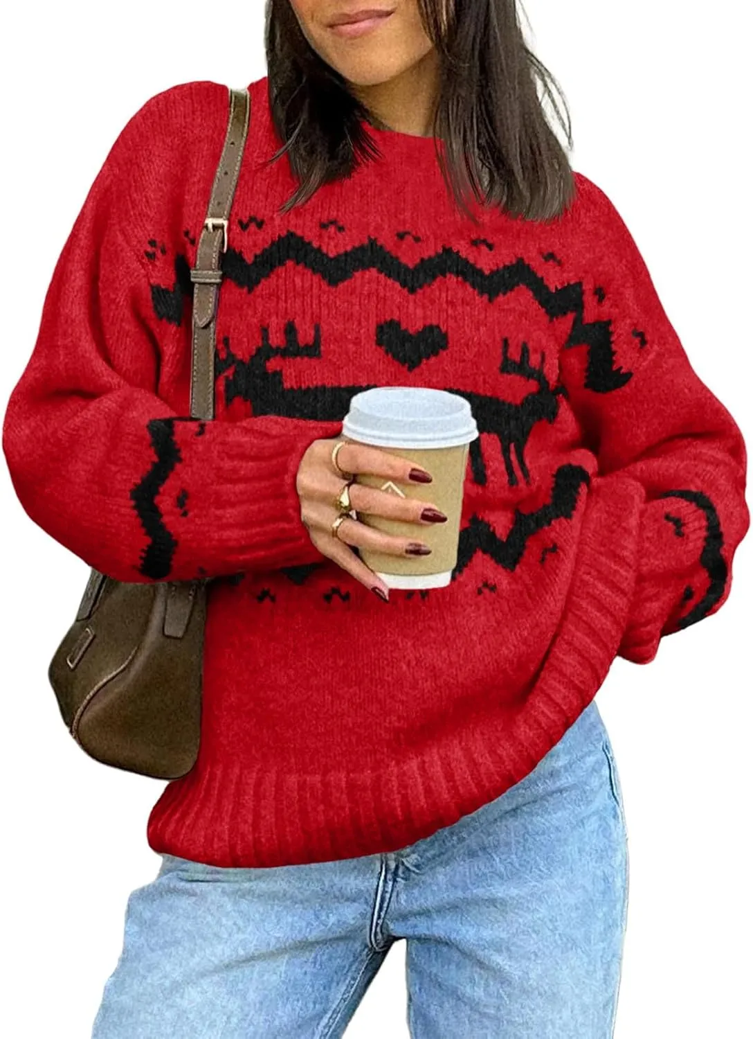 Saodimallsu Womens Oversized Christmas Sweaters Crewneck Chunky Reindeer Knit Long Sleeve Santa Xmas Pullover Sweater