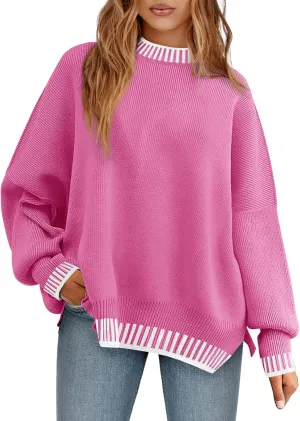 Saodimallsu Womens Oversized Sweaters Crewneck Color Block Winter Sweater Lantern Sleeve Side Slit Knit Pullover Tops