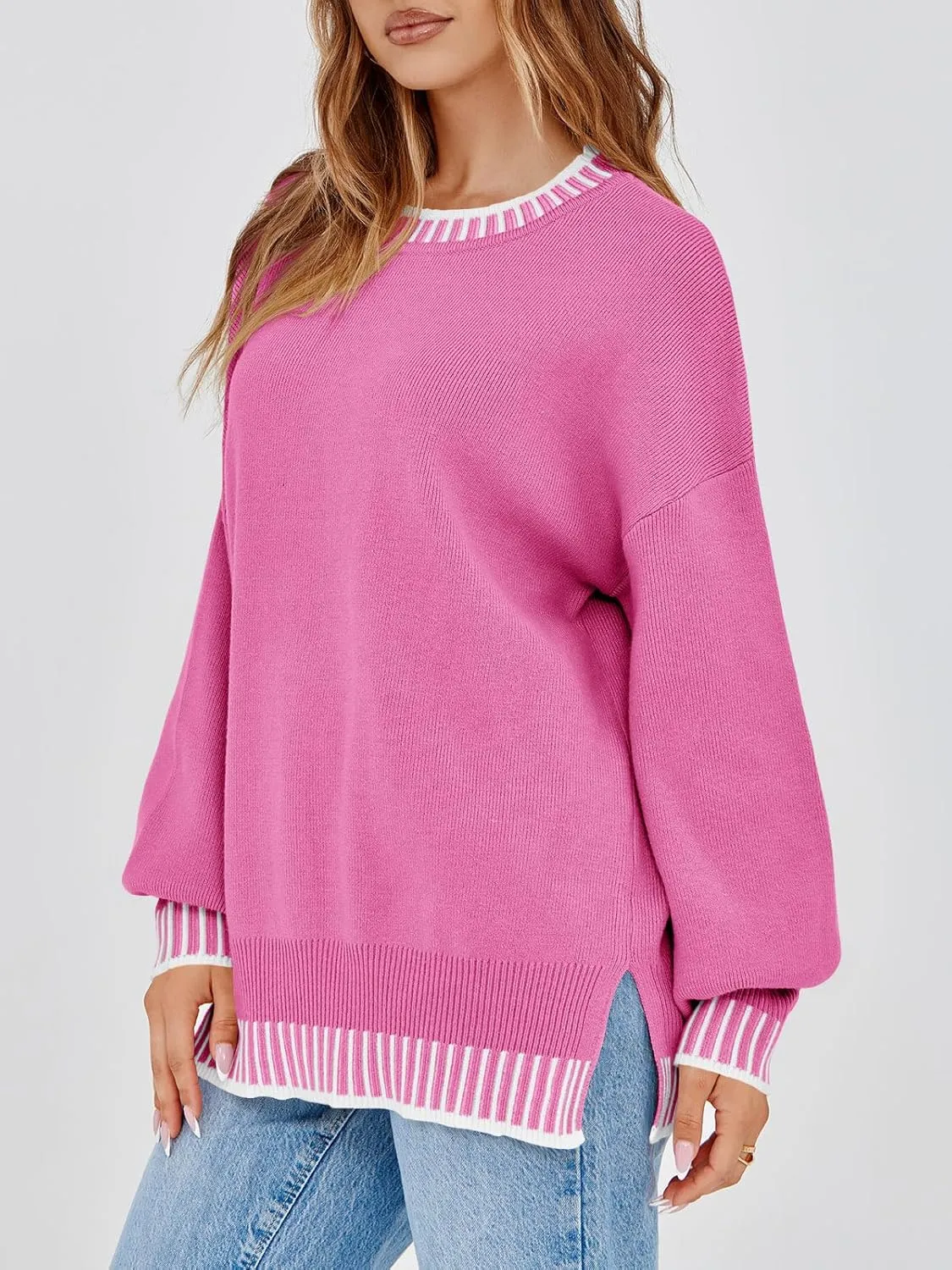 Saodimallsu Womens Oversized Sweaters Crewneck Color Block Winter Sweater Lantern Sleeve Side Slit Knit Pullover Tops