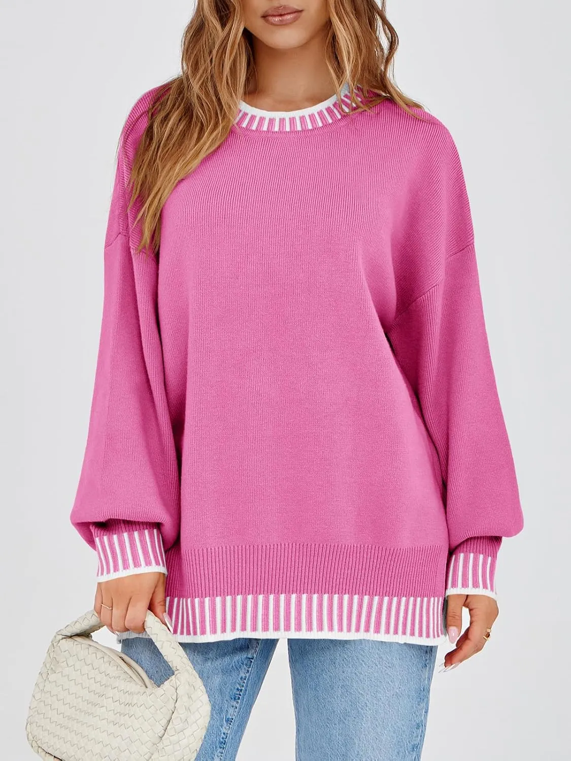 Saodimallsu Womens Oversized Sweaters Crewneck Color Block Winter Sweater Lantern Sleeve Side Slit Knit Pullover Tops