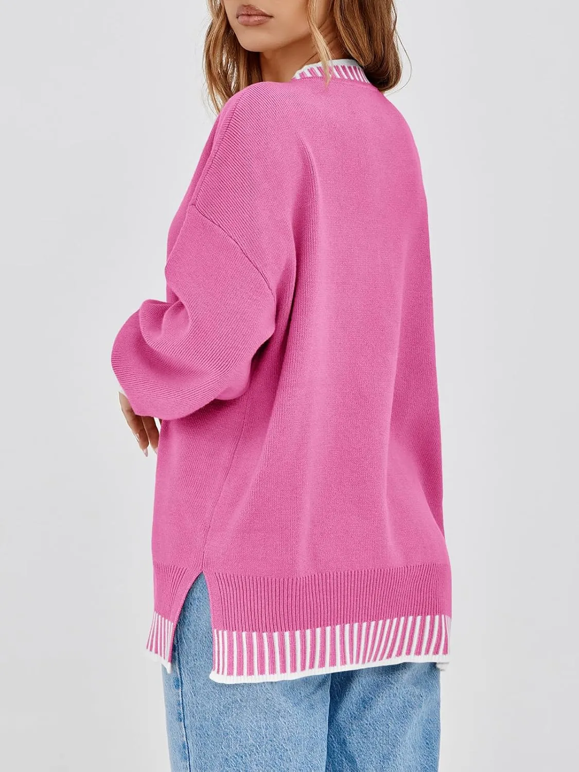 Saodimallsu Womens Oversized Sweaters Crewneck Color Block Winter Sweater Lantern Sleeve Side Slit Knit Pullover Tops