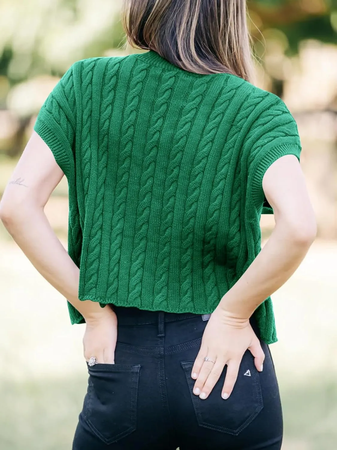 Saodimallsu Womens Summer Crewneck Crop Tops Casual Loose Fit Cable Knit Pullover Sweater